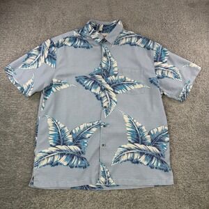 Kahala Mens Blue Tropical Leaf Aloha Shirt Short Sleeve Button Down Size L